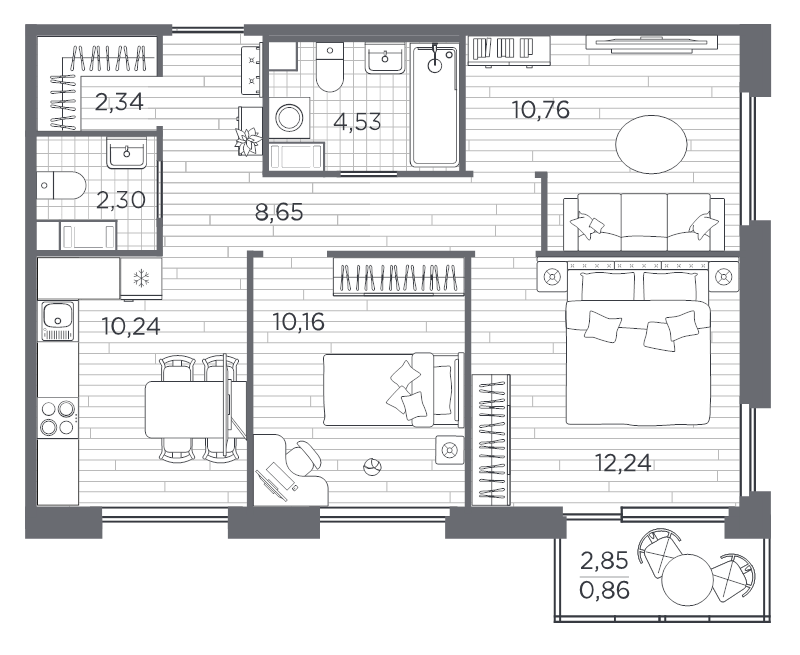 3-комнатная квартира, 62.08 м² в ЖК "PLUS Пулковский" - планировка, фото №1