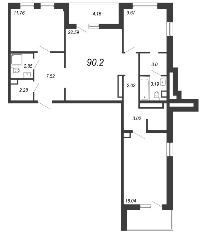4-комнатная (Евро) квартира, 90.8 м² - планировка, фото №1