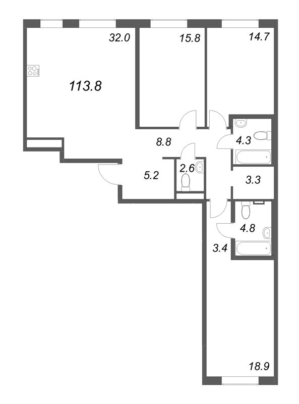 4-комнатная (Евро) квартира, 113.9 м² в ЖК "Визионер" - планировка, фото №1