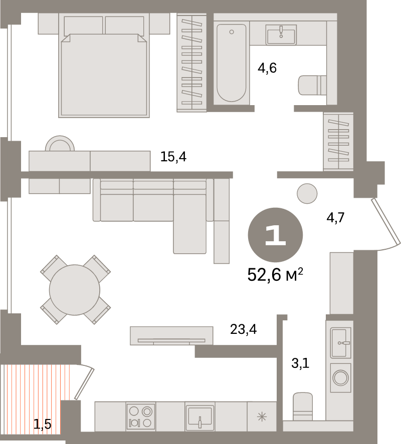 2-комнатная (Евро) квартира, 52.2 м² в ЖК "Северный ветер" - планировка, фото №1
