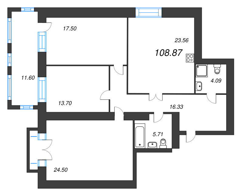 3-комнатная квартира, 109.2 м² - планировка, фото №1