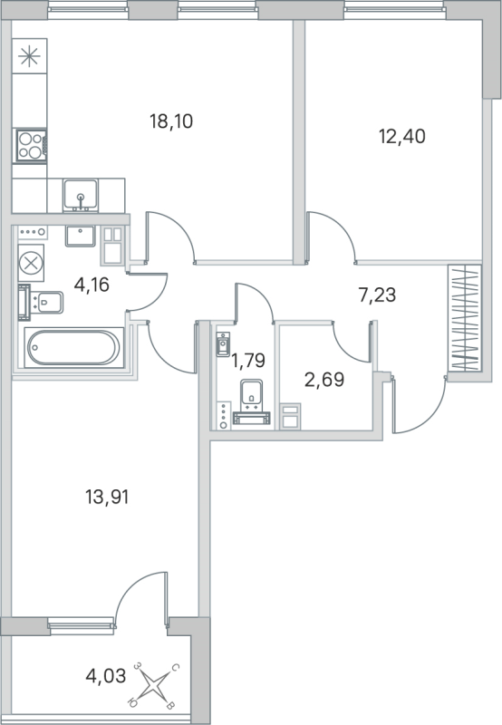 3-комнатная (Евро) квартира, 60.28 м² в ЖК "Любоград" - планировка, фото №1