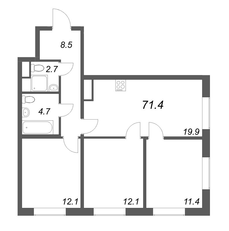 4-комнатная (Евро) квартира, 71.4 м² - планировка, фото №1