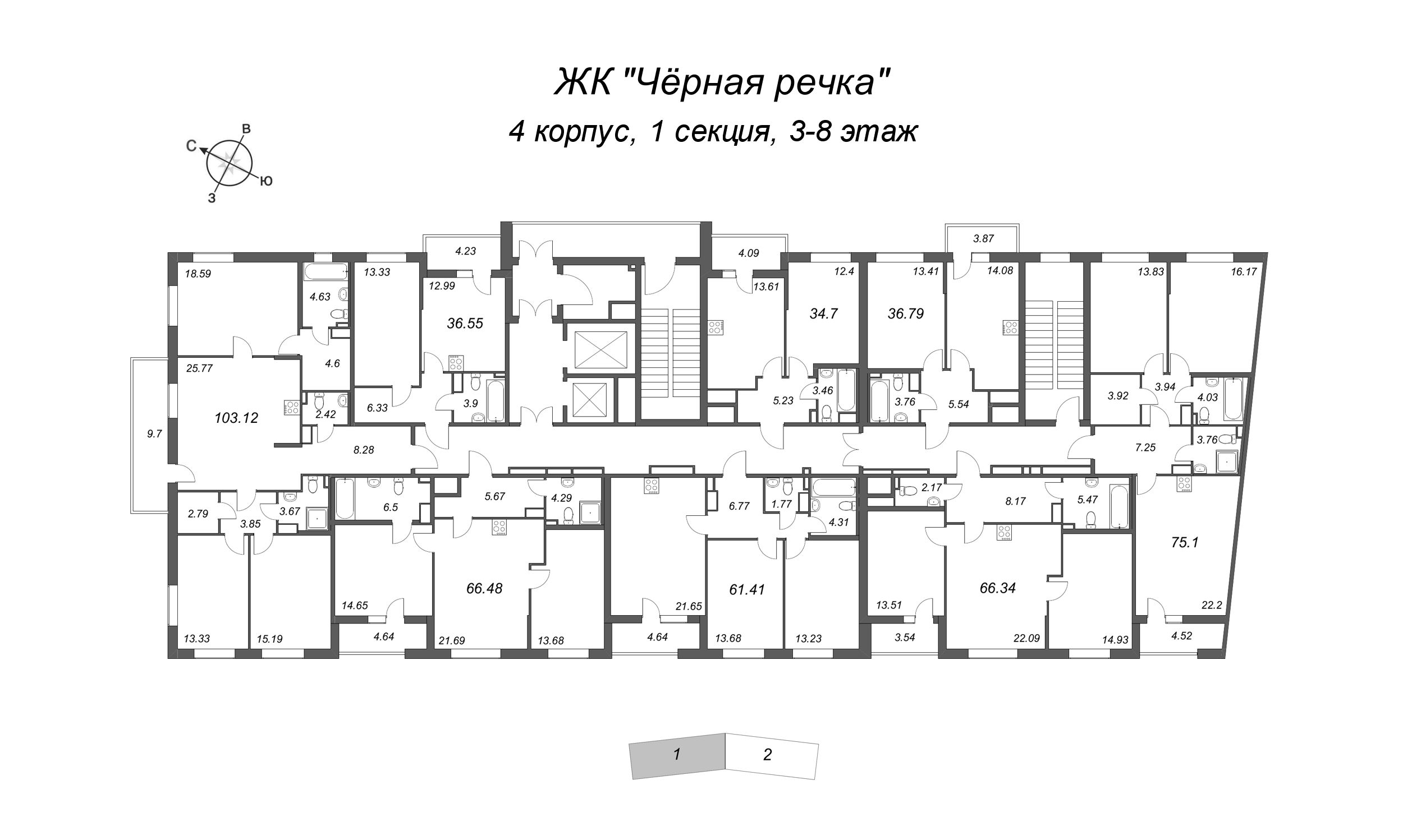 4-комнатная (Евро) квартира, 103.12 м² в ЖК "Чёрная речка" - планировка этажа