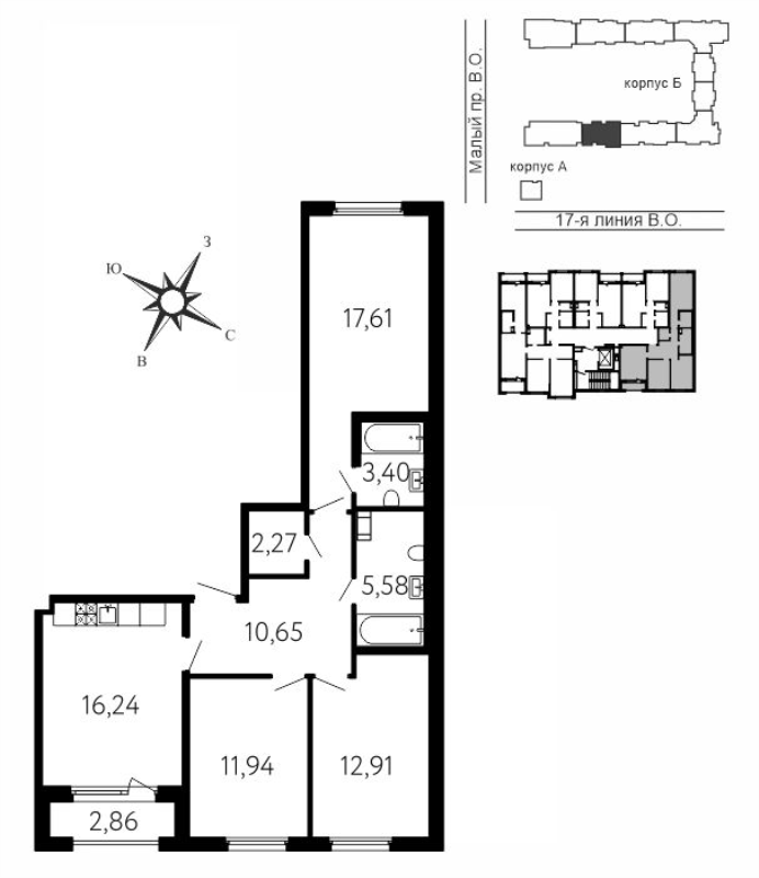 4-комнатная (Евро) квартира, 81.98 м² в ЖК "17-я линия" - планировка, фото №1