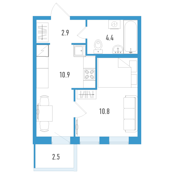 1-комнатная квартира, 29.8 м² - планировка, фото №1