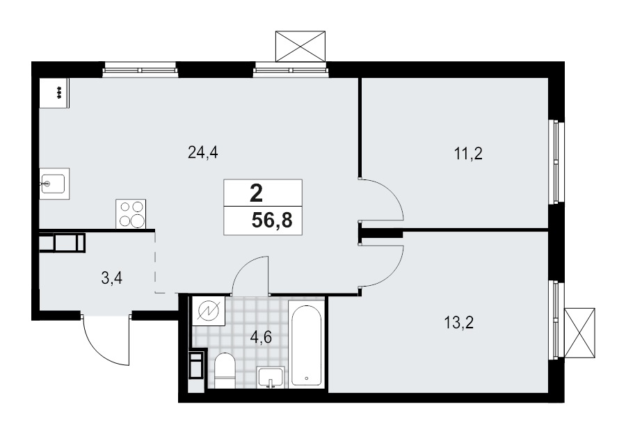 3-комнатная (Евро) квартира, 56.8 м² - планировка, фото №1