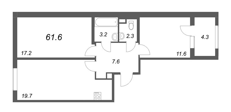 3-комнатная (Евро) квартира, 61.6 м² - планировка, фото №1