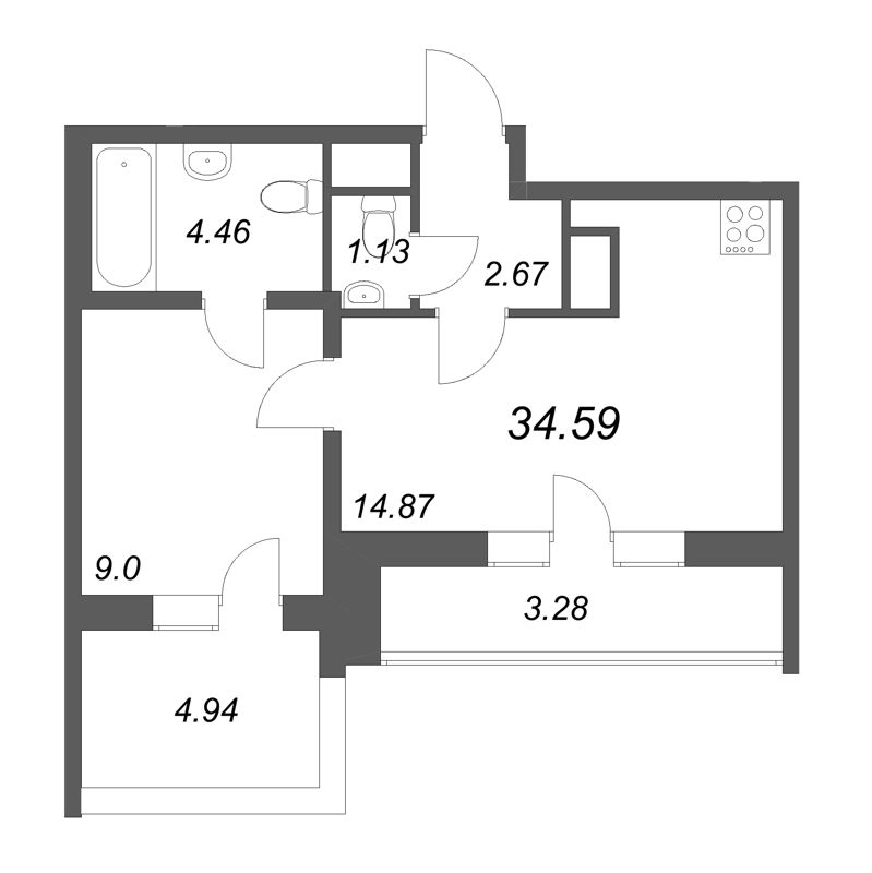 1-комнатная квартира, 34.59 м² в ЖК "Южный форт" - планировка, фото №1