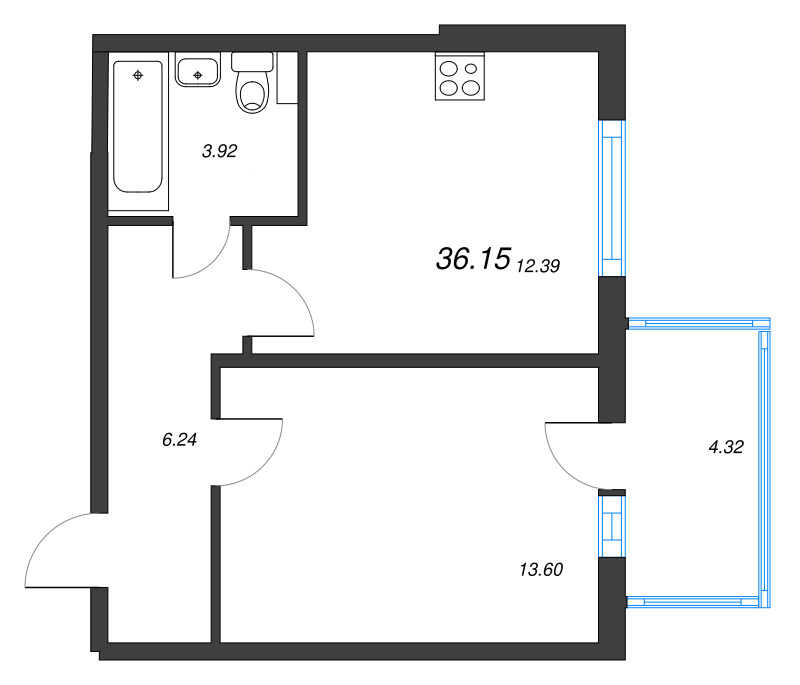 1-комнатная квартира, 36.15 м² в ЖК "Любоград" - планировка, фото №1