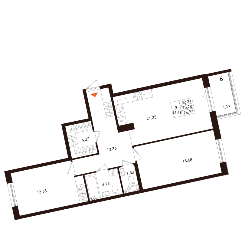 3-комнатная (Евро) квартира, 74.97 м² в ЖК "Лисино" - планировка, фото №1