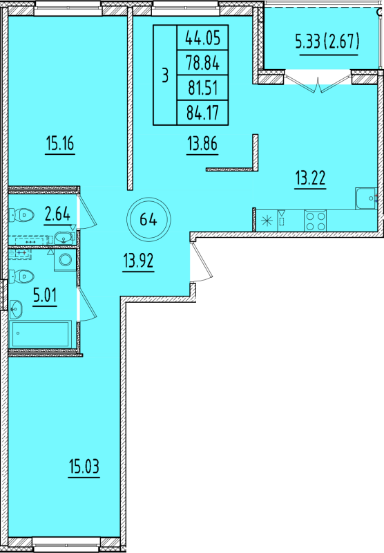 3-комнатная квартира, 78.84 м² - планировка, фото №1
