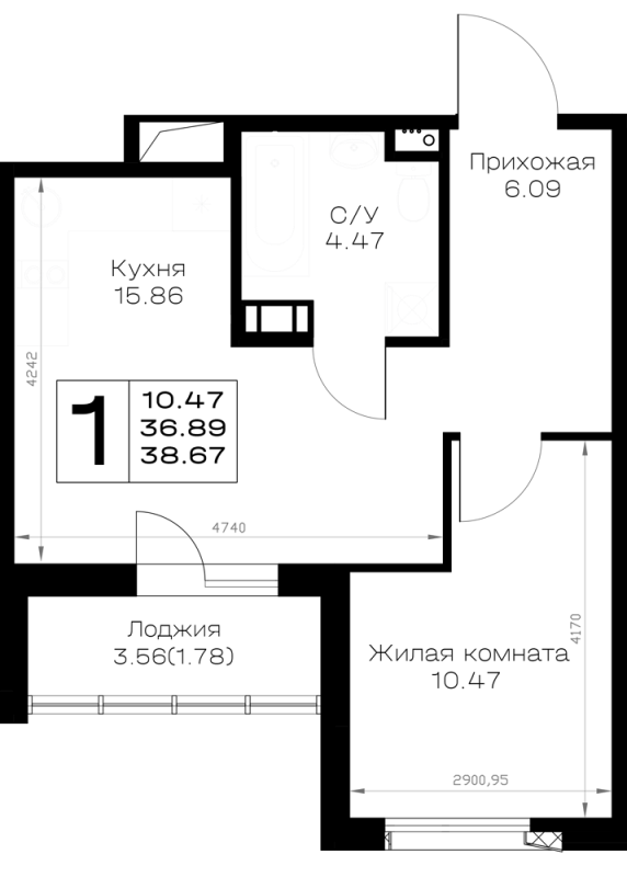 2-комнатная (Евро) квартира, 38.67 м² в ЖК "Борский" - планировка, фото №1