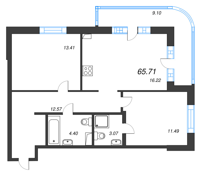 3-комнатная (Евро) квартира, 65.71 м² в ЖК "Энфилд" - планировка, фото №1