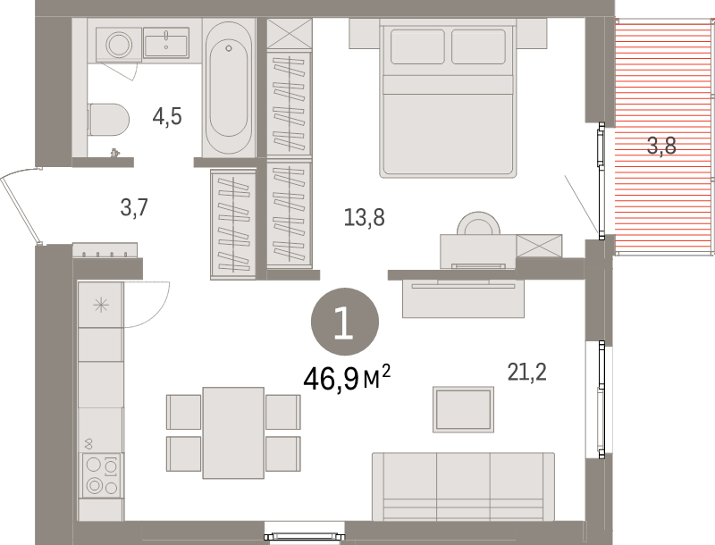 2-комнатная (Евро) квартира, 46.9 м² в ЖК "Брусника в Новоселье" - планировка, фото №1