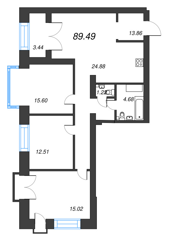 3-комнатная квартира, 89.49 м² в ЖК "Наука" - планировка, фото №1