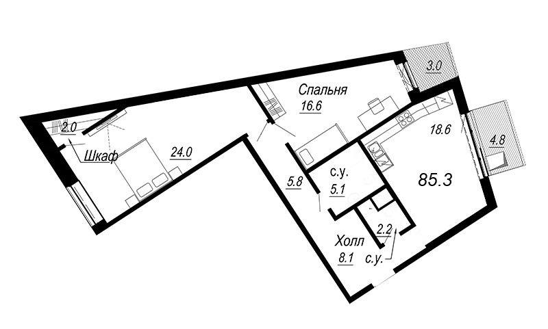 3-комнатная (Евро) квартира, 86.5 м² - планировка, фото №1