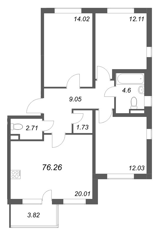 4-комнатная (Евро) квартира, 76.26 м² в ЖК "ЮгТаун" - планировка, фото №1