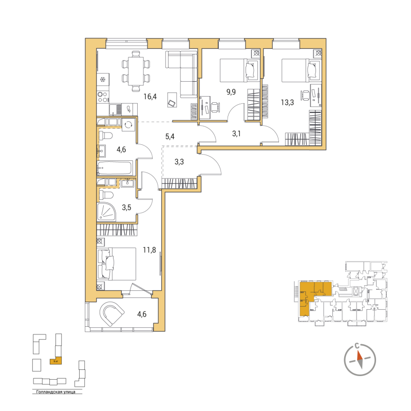 4-комнатная (Евро) квартира, 73.6 м² в ЖК "Янила Форест" - планировка, фото №1
