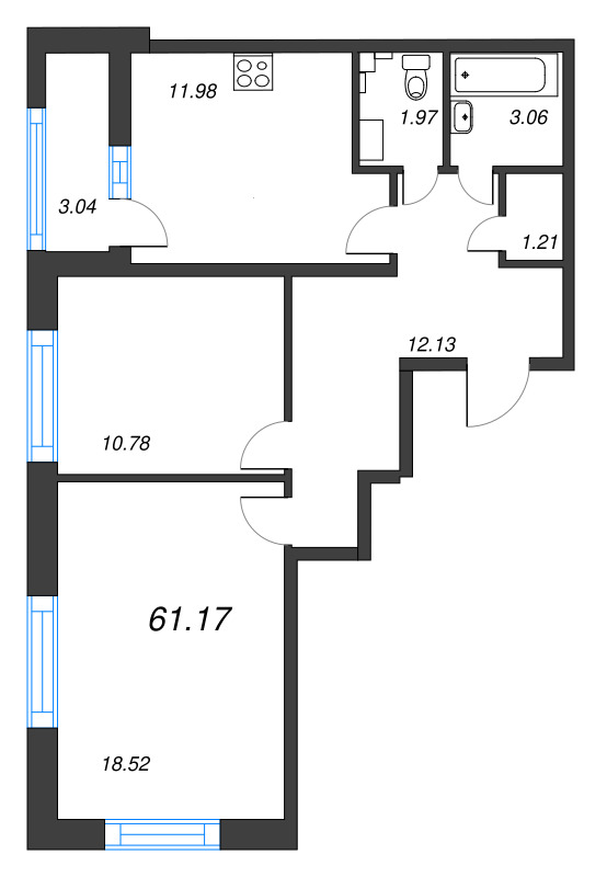 2-комнатная квартира, 61.17 м² в ЖК "БелАрт" - планировка, фото №1