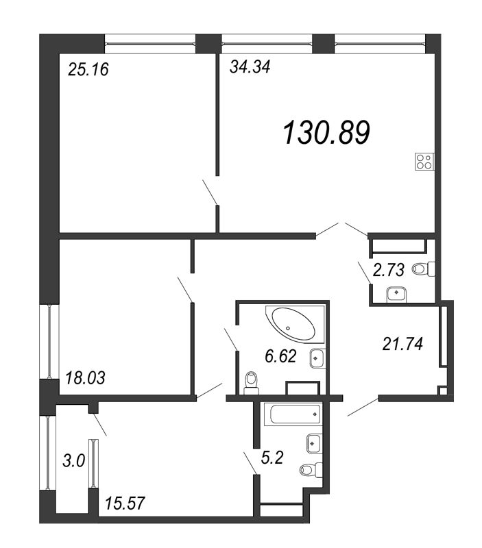4-комнатная (Евро) квартира, 130.89 м² в ЖК "Дефанс Премиум" - планировка, фото №1