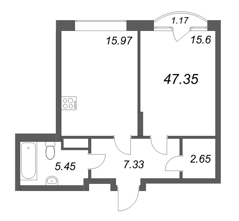 2-комнатная (Евро) квартира, 47.35 м² в ЖК "MONODOM-ART" - планировка, фото №1