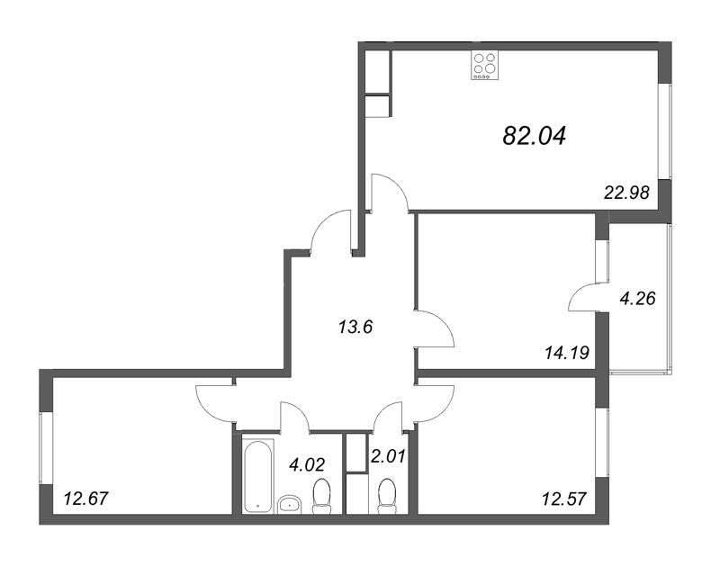 4-комнатная (Евро) квартира, 82.04 м² - планировка, фото №1