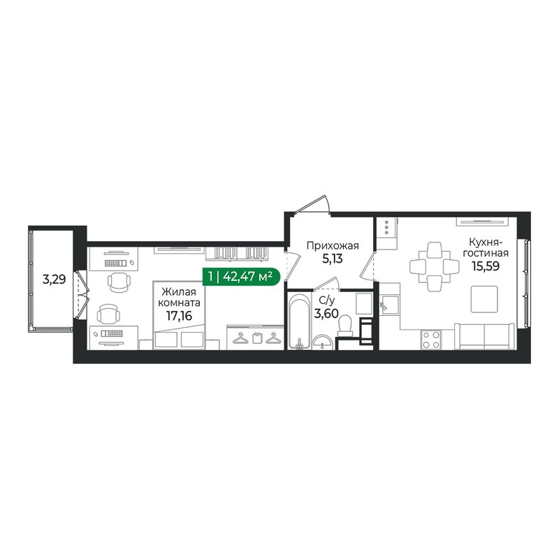 2-комнатная (Евро) квартира, 42.47 м² в ЖК "Сертолово Парк" - планировка, фото №1