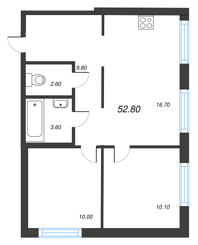 3-комнатная (Евро) квартира, 52.8 м² в ЖК "Струны" - планировка, фото №1