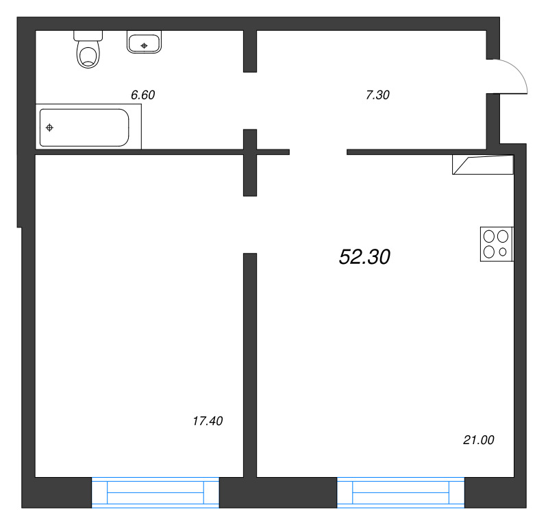 2-комнатная (Евро) квартира, 52.3 м² - планировка, фото №1