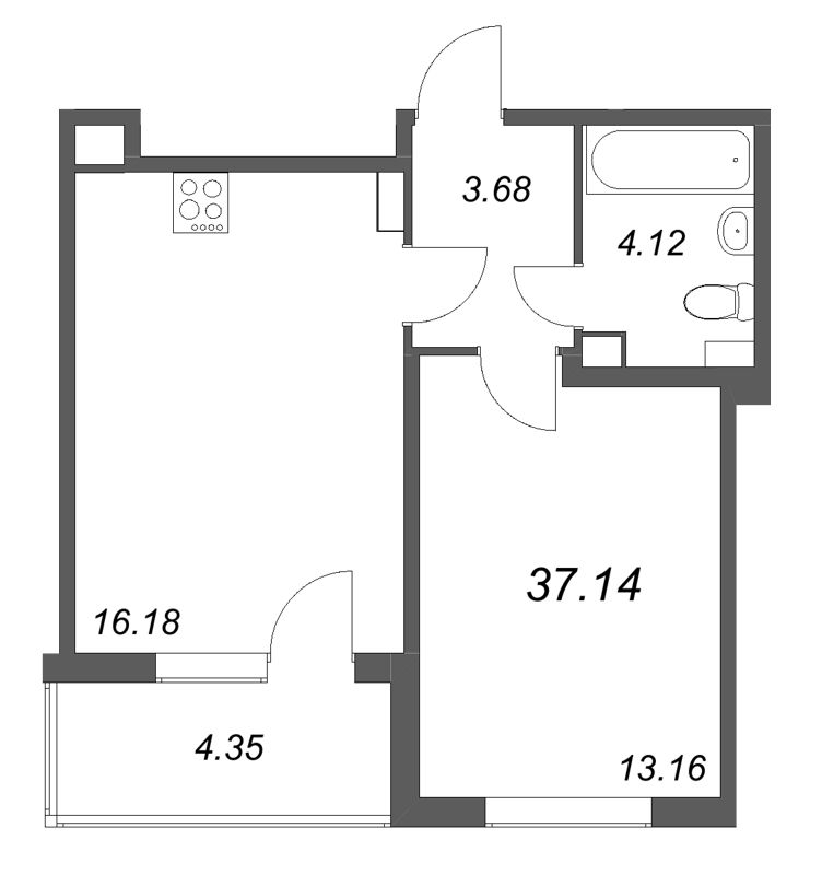 2-комнатная (Евро) квартира, 37.14 м² в ЖК "Любоград" - планировка, фото №1