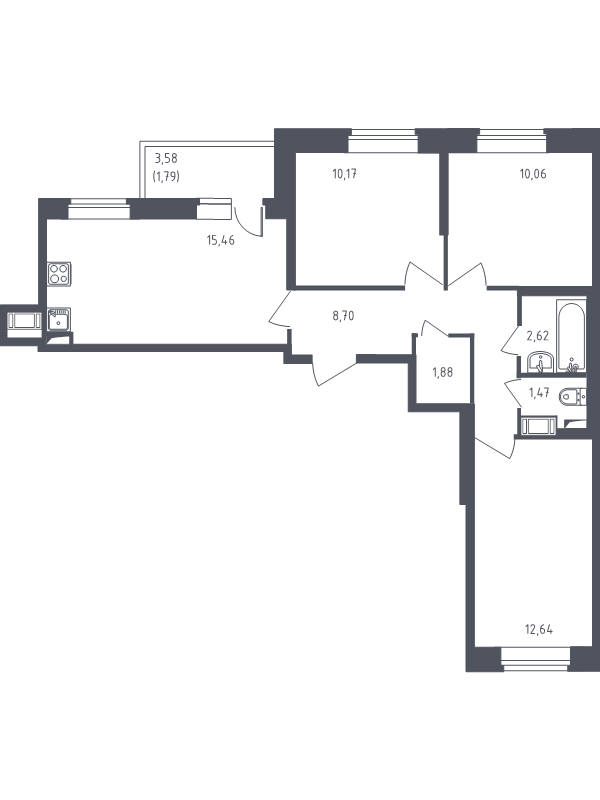 4-комнатная (Евро) квартира, 65.5 м² - планировка, фото №1