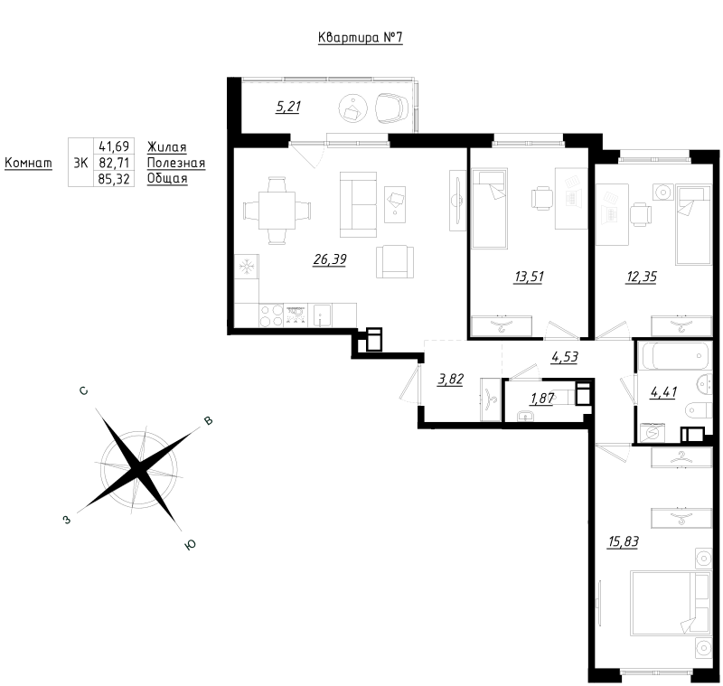 4-комнатная (Евро) квартира, 85.32 м² - планировка, фото №1