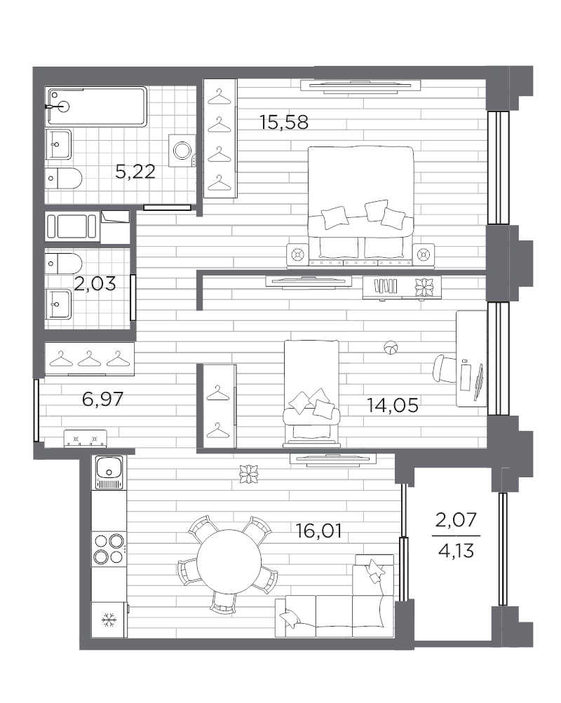 3-комнатная (Евро) квартира, 61.93 м² в ЖК "Ассамблея" - планировка, фото №1