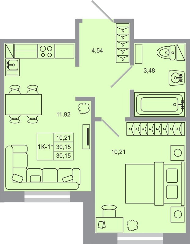 1-комнатная квартира, 30.15 м² - планировка, фото №1