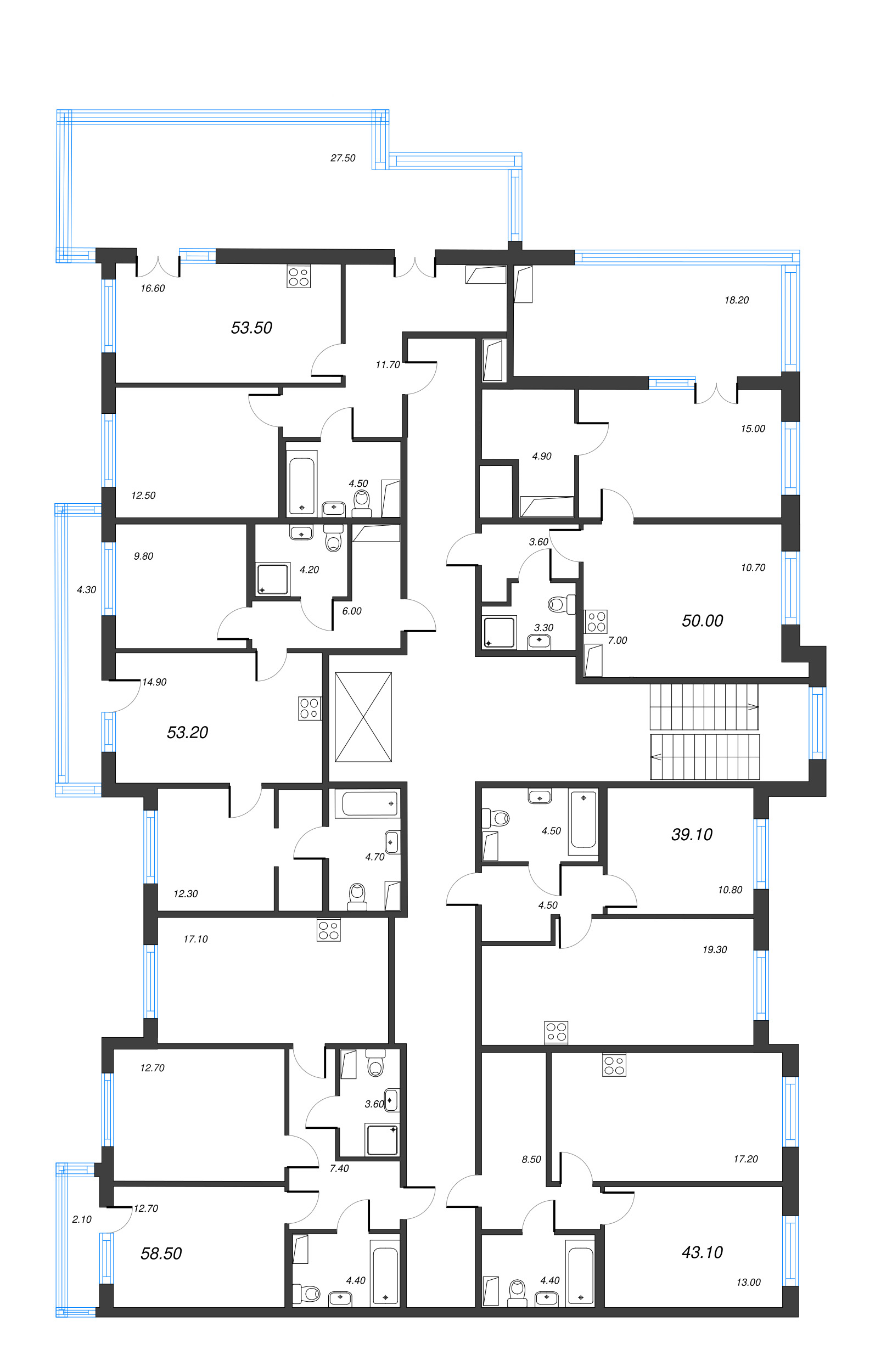 2-комнатная квартира, 53.2 м² в ЖК "Парусная 1" - планировка этажа