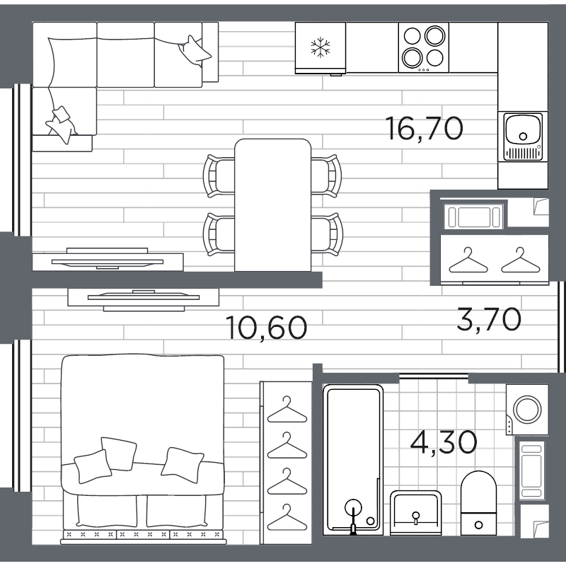 2-комнатная (Евро) квартира, 35.3 м² в ЖК "PLUS Пулковский" - планировка, фото №1