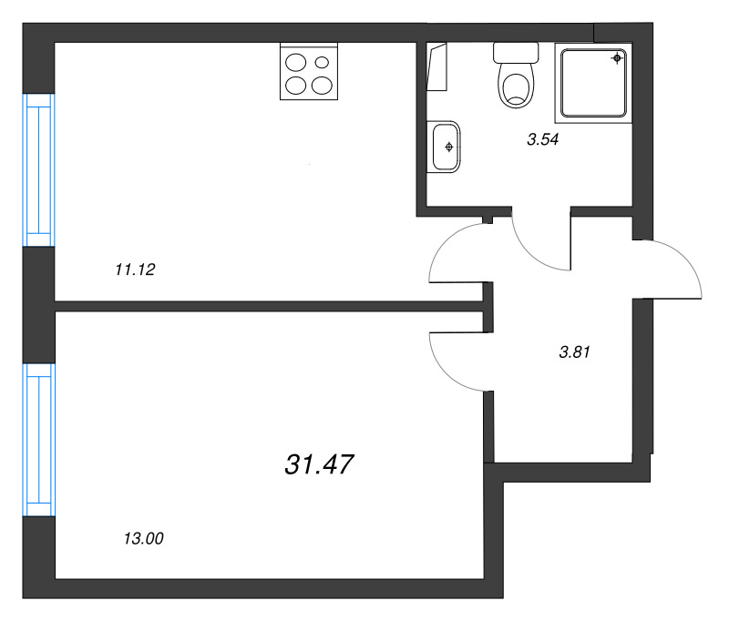 1-комнатная квартира, 31.47 м² - планировка, фото №1