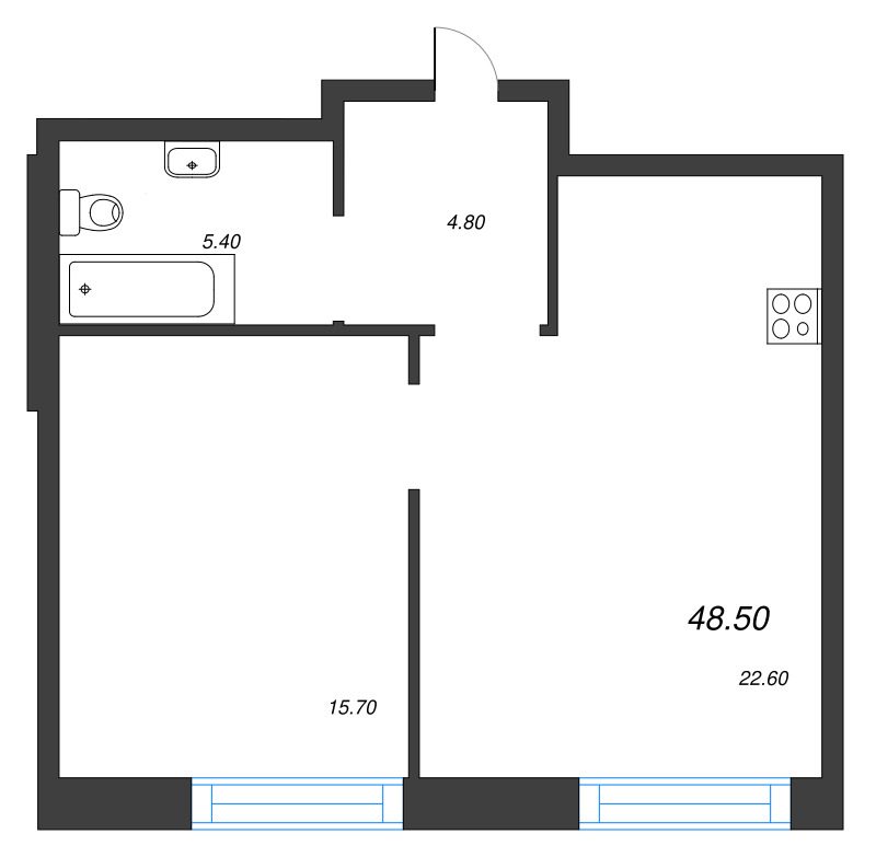 2-комнатная (Евро) квартира, 48.5 м² - планировка, фото №1