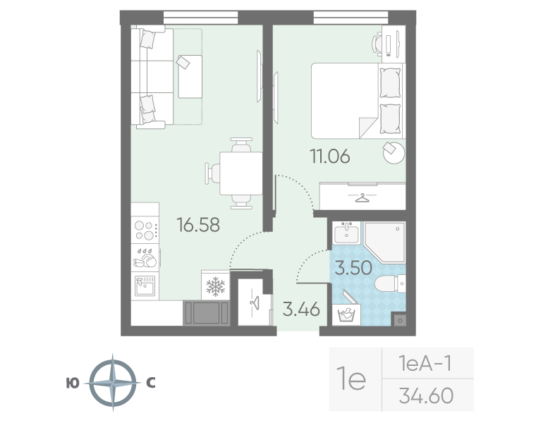 2-комнатная (Евро) квартира, 34.6 м² в ЖК "Морская миля" - планировка, фото №1