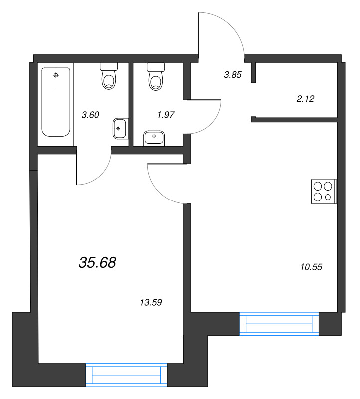 2-комнатная (Евро) квартира, 35.68 м² в ЖК "Alpen" - планировка, фото №1