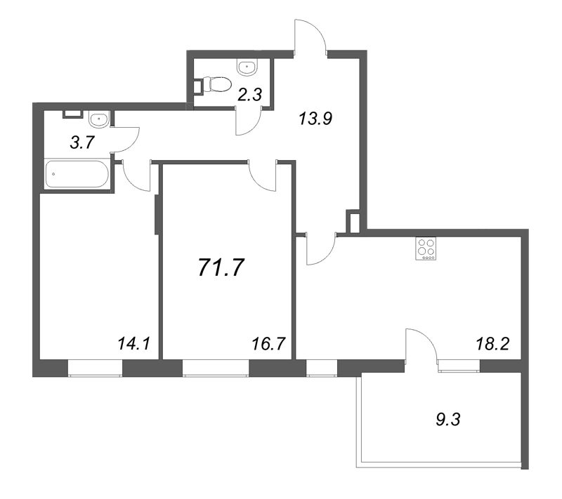 3-комнатная (Евро) квартира, 71.7 м² - планировка, фото №1