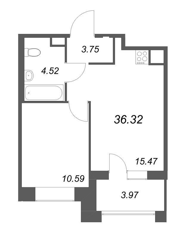 2-комнатная (Евро) квартира, 36.32 м² - планировка, фото №1