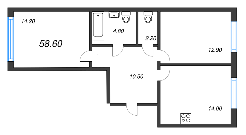 2-комнатная квартира, 58.6 м² - планировка, фото №1