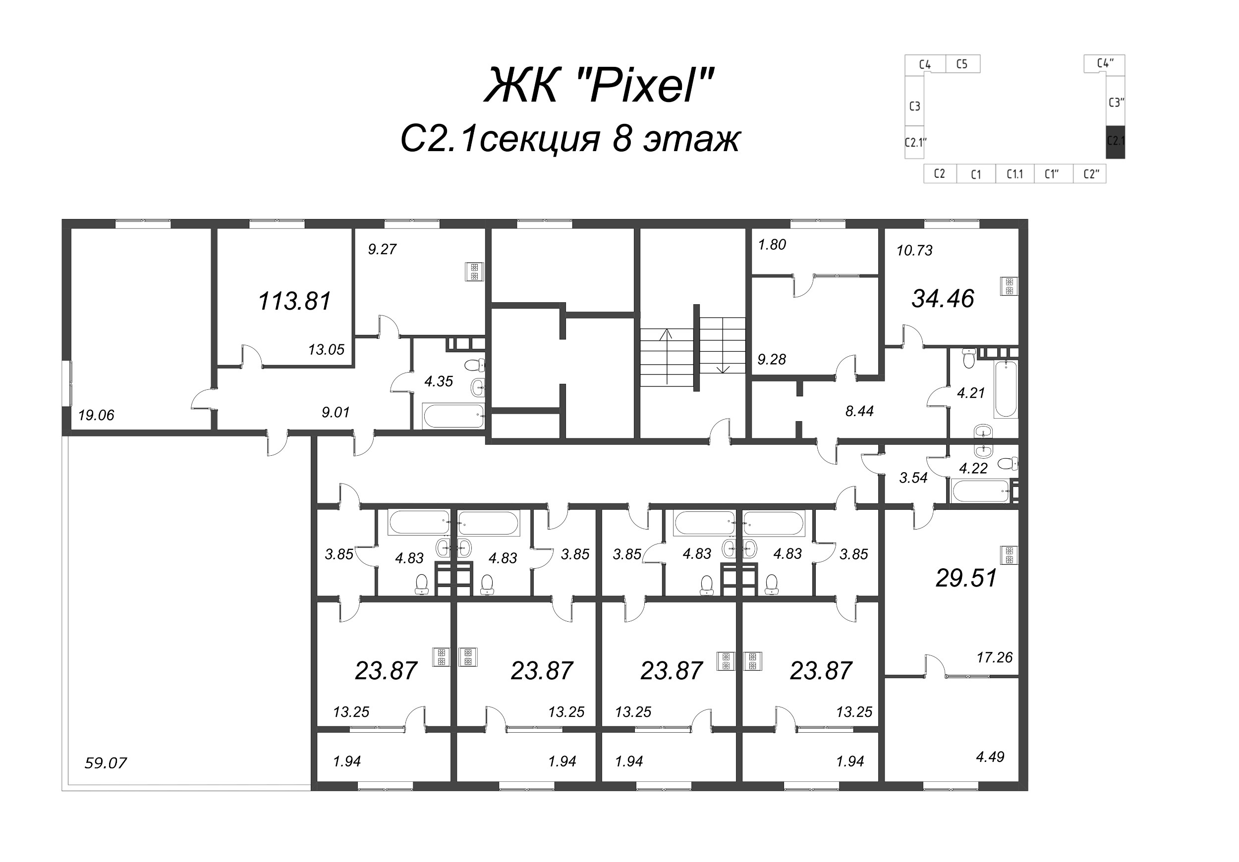 1-комнатная квартира, 35.71 м² в ЖК "Pixel" - планировка этажа