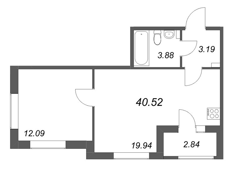 2-комнатная (Евро) квартира, 40.52 м² в ЖК "Гранат" - планировка, фото №1