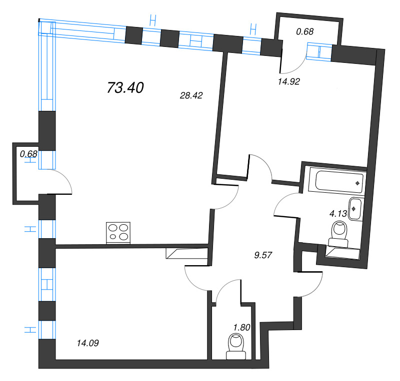 2-комнатная квартира, 73.4 м² - планировка, фото №1