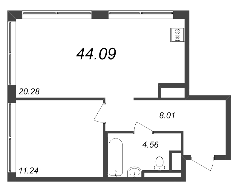 2-комнатная (Евро) квартира, 44.09 м² - планировка, фото №1