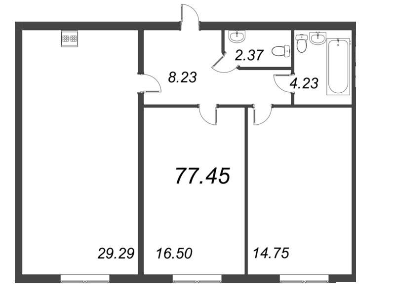 3-комнатная (Евро) квартира, 77.45 м² - планировка, фото №1