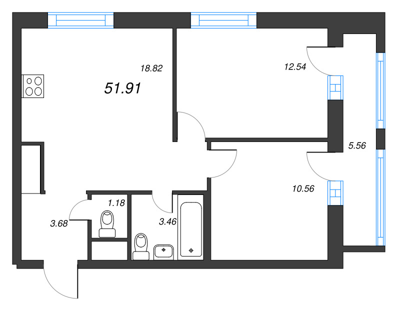 3-комнатная (Евро) квартира, 51.91 м² - планировка, фото №1